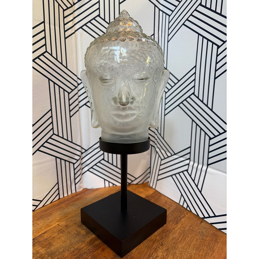 Frosted Glass Buddha Head Statue on Black Metal Pedestal Stand Home Decor